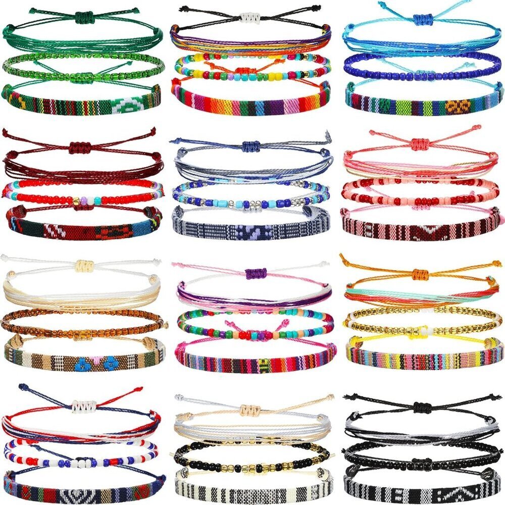 36 Pcs Bohemian Surfer Bracelets for Men Women Adjustable Colorful Jewelry